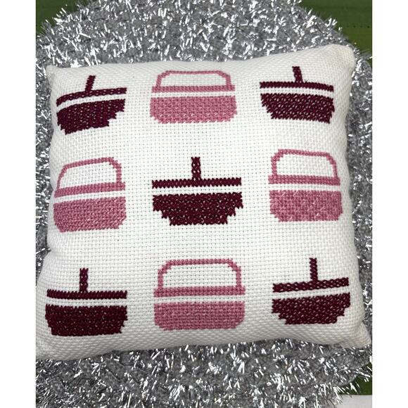 Vintage 90s Handmade Cross-Stitch Small Throw Pillow Basket Design Country Decor - Picture 2 of 6
